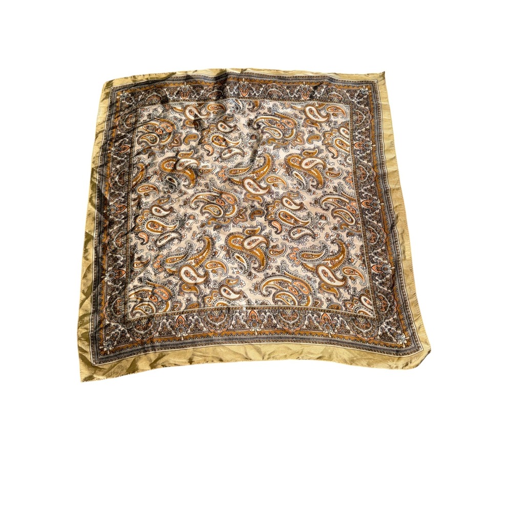 Vintage Paisley Square Scarf Gold Tan Brown Silk Blend Neckerchief Made in USA
